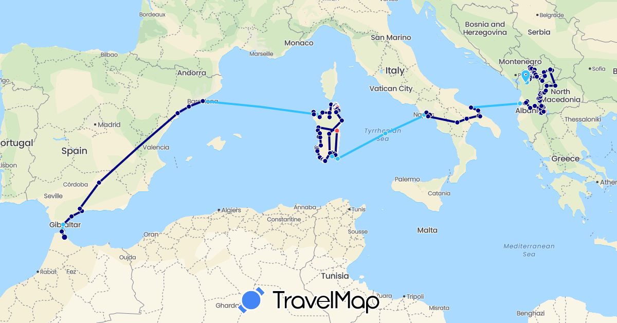 TravelMap itinerary: driving, hiking, boat in Albania, Spain, Italy, Morocco, Macedonia, Kosovo (Africa, Europe)